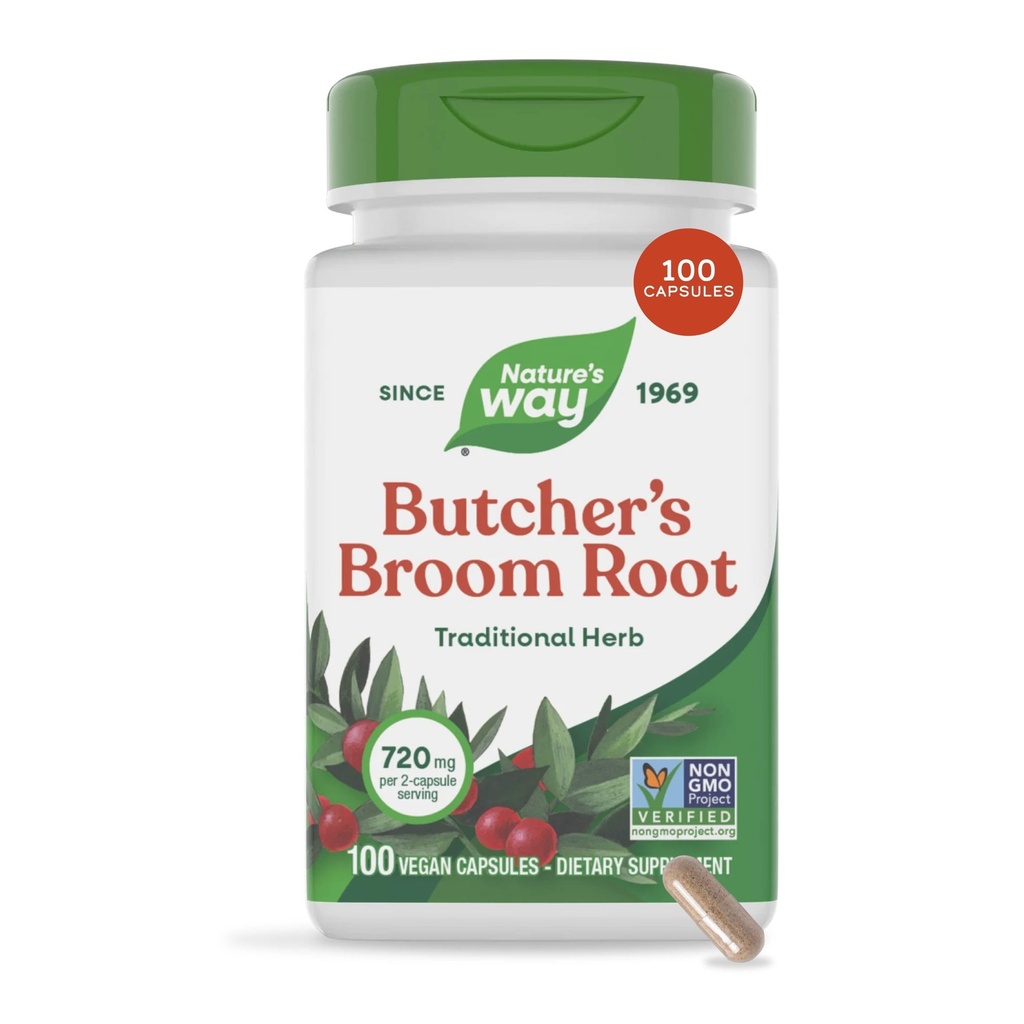 Nature 's Way Butcher' s Broom, Traditional Herb, 720 mg na 2-Capsule Serving, Non- GMO Projekt ověřen, 100 Veganské kapsle (Balení květen Vary)