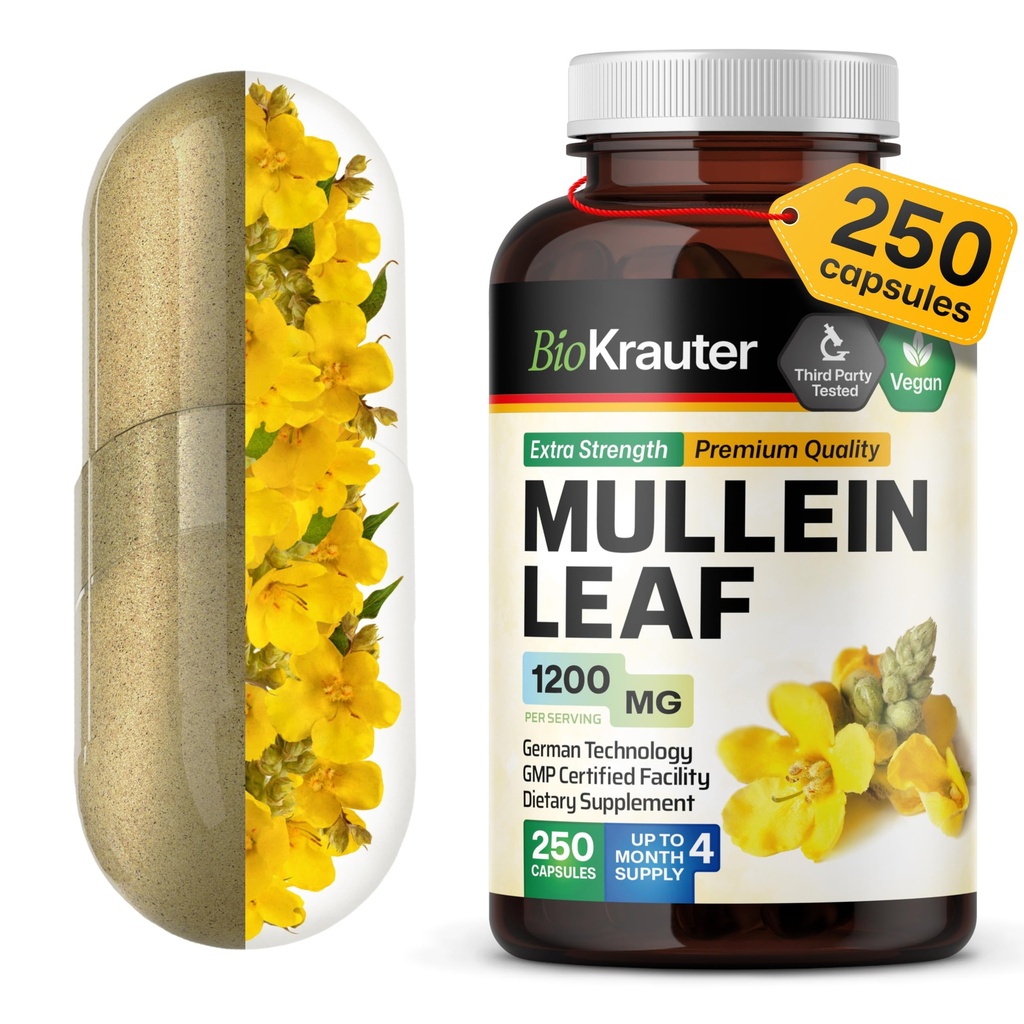 BIO KRAUTER Mullein Kapsle 1200 mg 250 Počet - Čistý Vegan Mullein Leaf Extract pro Plíce - 125 dnů dodávky - Čistota a respirační podpora plic doplňky - Žádné Fillers, Non- GMO