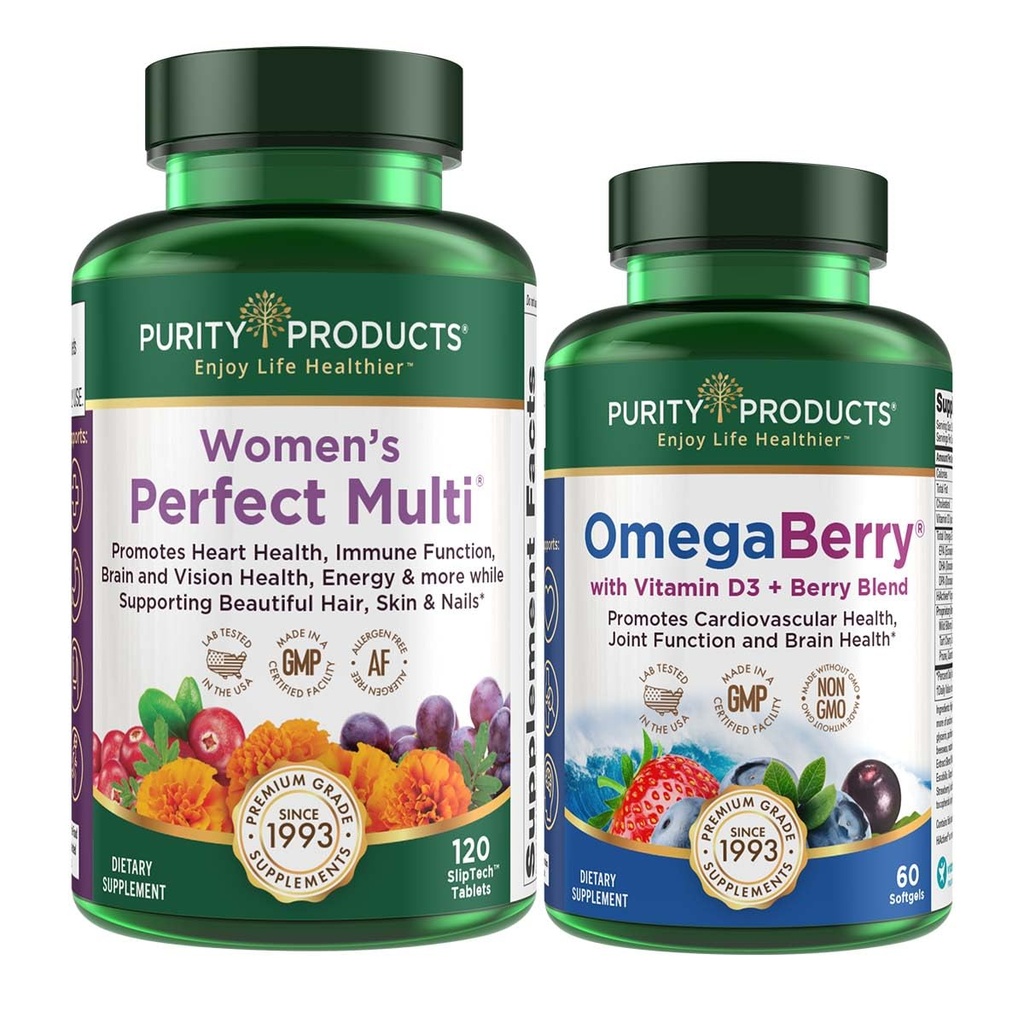 Čistota Produkty Dámské perfektní Multi + OmegaBerry Rybí olej Dámské Multi (Podporuje Močové Trakt Zdraví, Imunitní, Kost, Vlasy, Kůže, Hřebíky + Více) - OmegaBerry (1250mg Omega33, Vitamin D3 + Více)