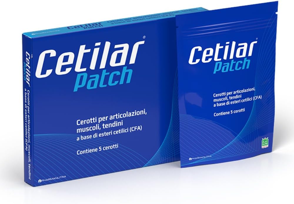 Cetilar Patch - 5 Jednorázové náplasti s patentovanými cetylovanými mastnými kyselinami pro dlouhotrvající klouby a svalovou bolest, lepší mobilita, a sportovní zotavení - Pot & Odpor na vodu - Doping zdarma
