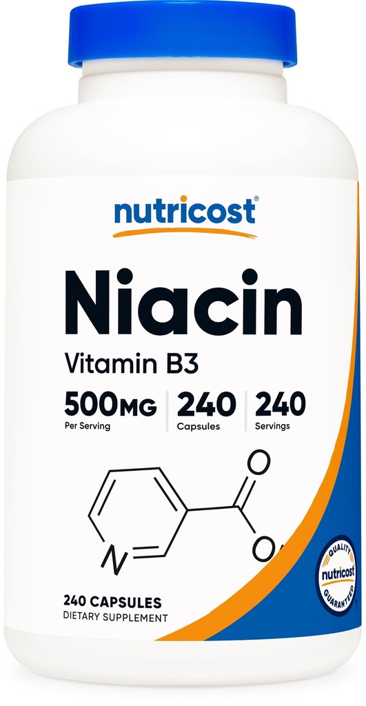 Nutricost Niacin (vitamin B3) 500mg, 240 tobolek - s Flushing, Non- GMO, bez glutenu