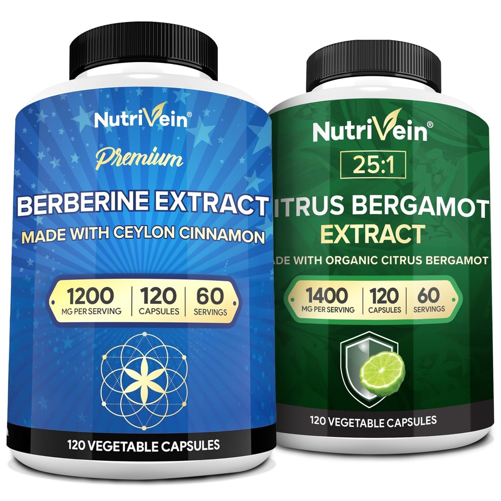Nutriveil Premium Berberine 1200mg & Citrus Bergamot Extract 1400mg Bundle - Ceylon Cinnamon & 25: 1 Bergamia Extract - Weight Management & Imunitation Support Plus Heart Health - 120 Kapsle Každý