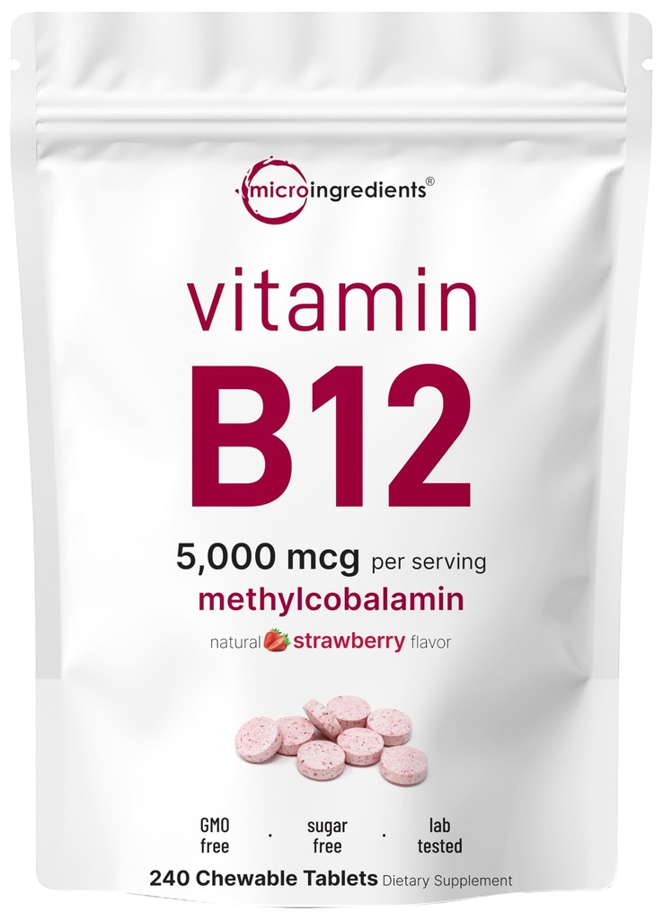 Micro Ingredients Vitamin B12 5 000 mcg vitamin 124; Methylkobalamin - 240 Žvýkací tablety CLAS124; Fast Disolution, Natural Strawberry Flavor CLAS124; Podporuje Energy & Metabolismus Health CLAS124; Vegan, Non- GMO, gluten zdarma