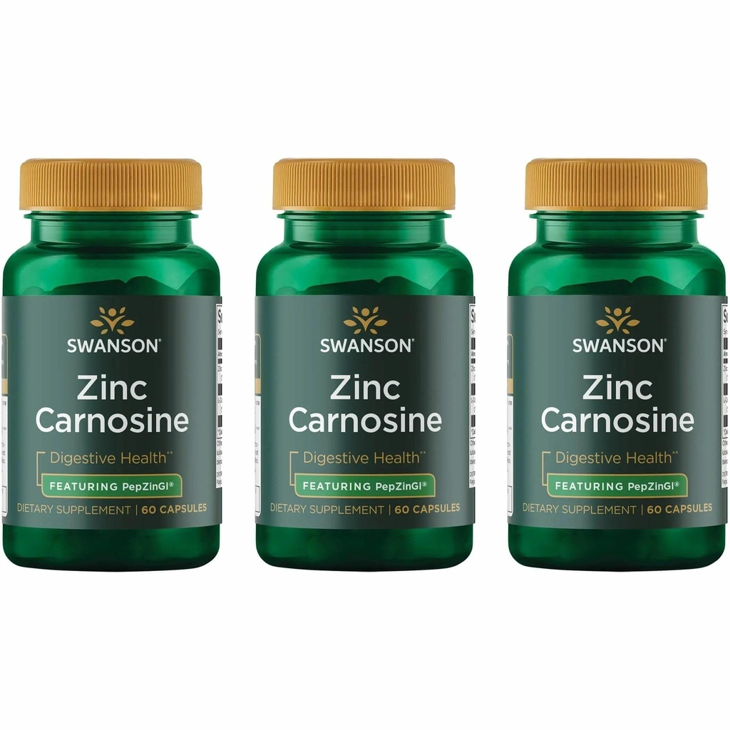 Swanson zink Carnosinus (PepZin GI) - Přírodní doplněk na podporu gastrického zdraví a stravitelné podpory - Podporuje mikrobiální rovnováhu ve žaludku - (60 kapslí) (3 balení)