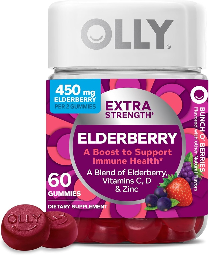 OLLY Extra Strength Elderberry Gummies, Imunitní podpora, 450mg Elderberry, Vitamin C, D a Zinek, Berry - 60 Počet