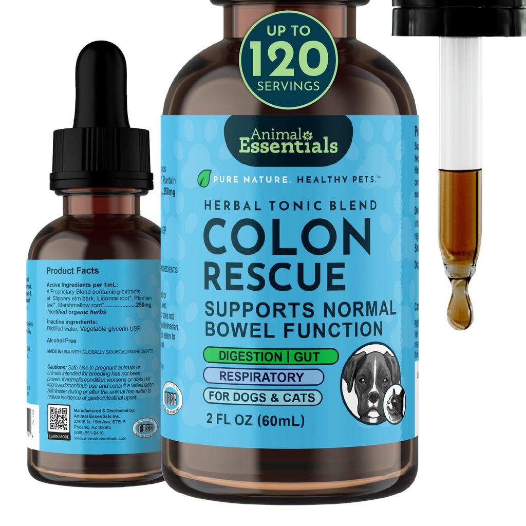 Zvířecí Essentials Colon Rescue - Dog Stool Softener, Organic Slippery Elm Bark, Fast acting Anti Diarrhea Liquid Drops for Dogs & Cats, Natural Constision Relief Supplement for Domestics - 2 fl oz