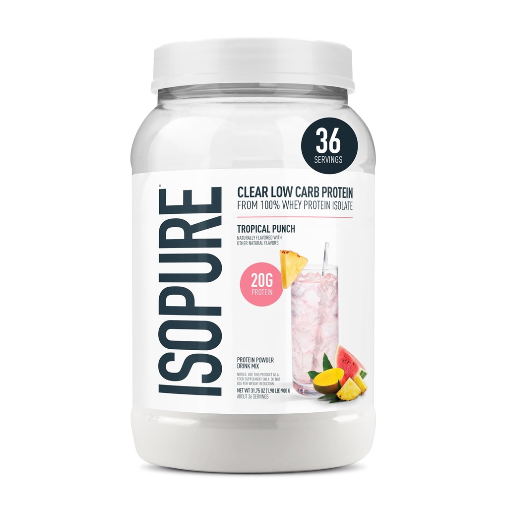 Izopure clear syrovátka izolát protein prášek, laktóza zdarma, gluten zdarma, přirozeně ochucené, tropický punč, 20g protein per Serving, 1.9 Lbs, 36 Doručování (Balení květen Vary)