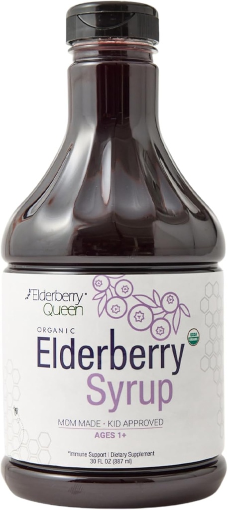 Elderberry Queen Organic Elderberry Syrup 30 Fl Oz - Imunitní podpůrná formule se Sambucus Black Elderberry & Aronia Berry - Pure Natural Certified Organic Elderberry Syrup pro děti a dospělé