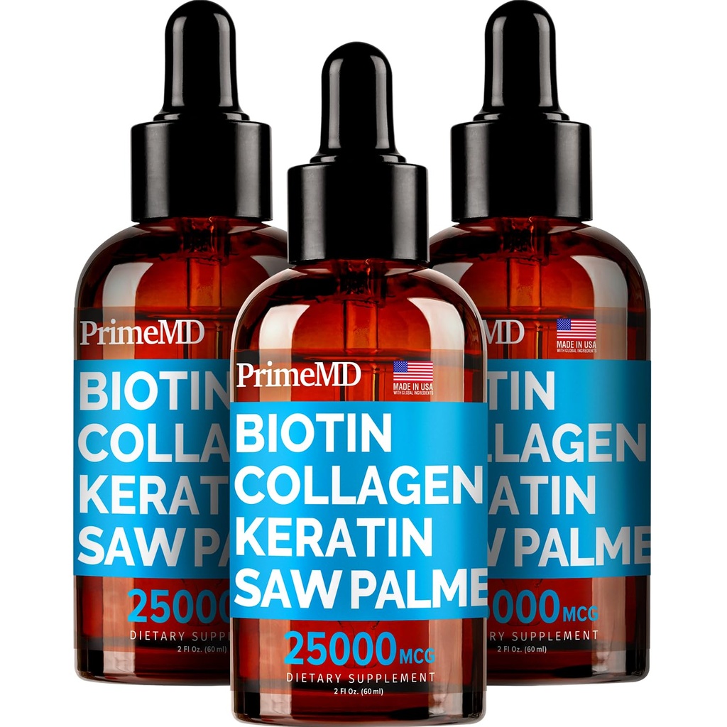 PrimeMD 4- in-1 Liquid Biotin Kolagen Keratin Saw Palmetto Kapky (3 Pack) Bundle - 25000mcg Vlasové hřebíky a kožní vitamíny pro ženy a muže - 2 Fl Oz každý, vodní meloun Flavor, gluten- Free, Non- GMO