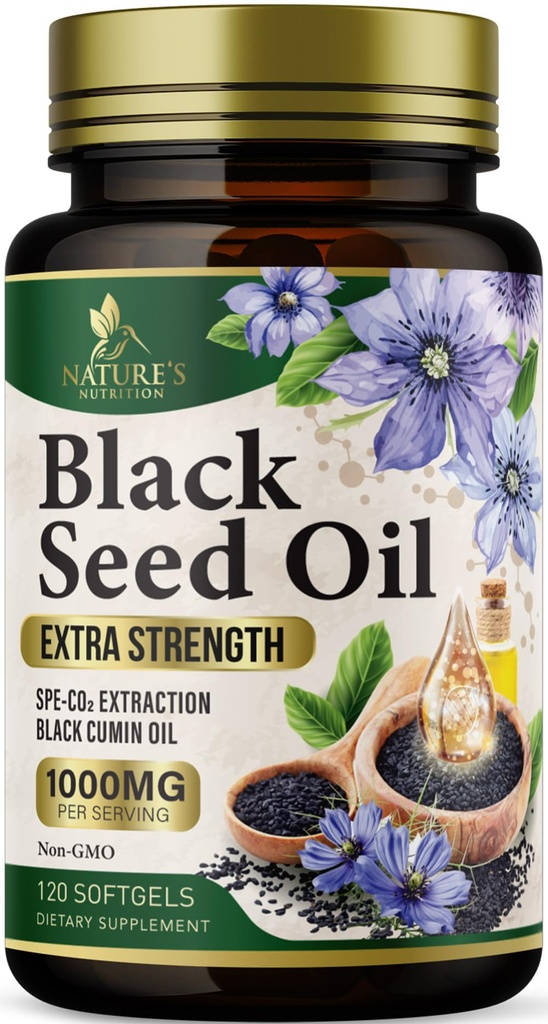 Black Seed Oil Softgels 1000mg - Premium Nigella Sativa Blackseed, Pure Natural Black Cumin Seed Oil & Antioxidant for Skin & Imunitation Support - Non GMO, Baleno v dodatku USA - 120 Softgels