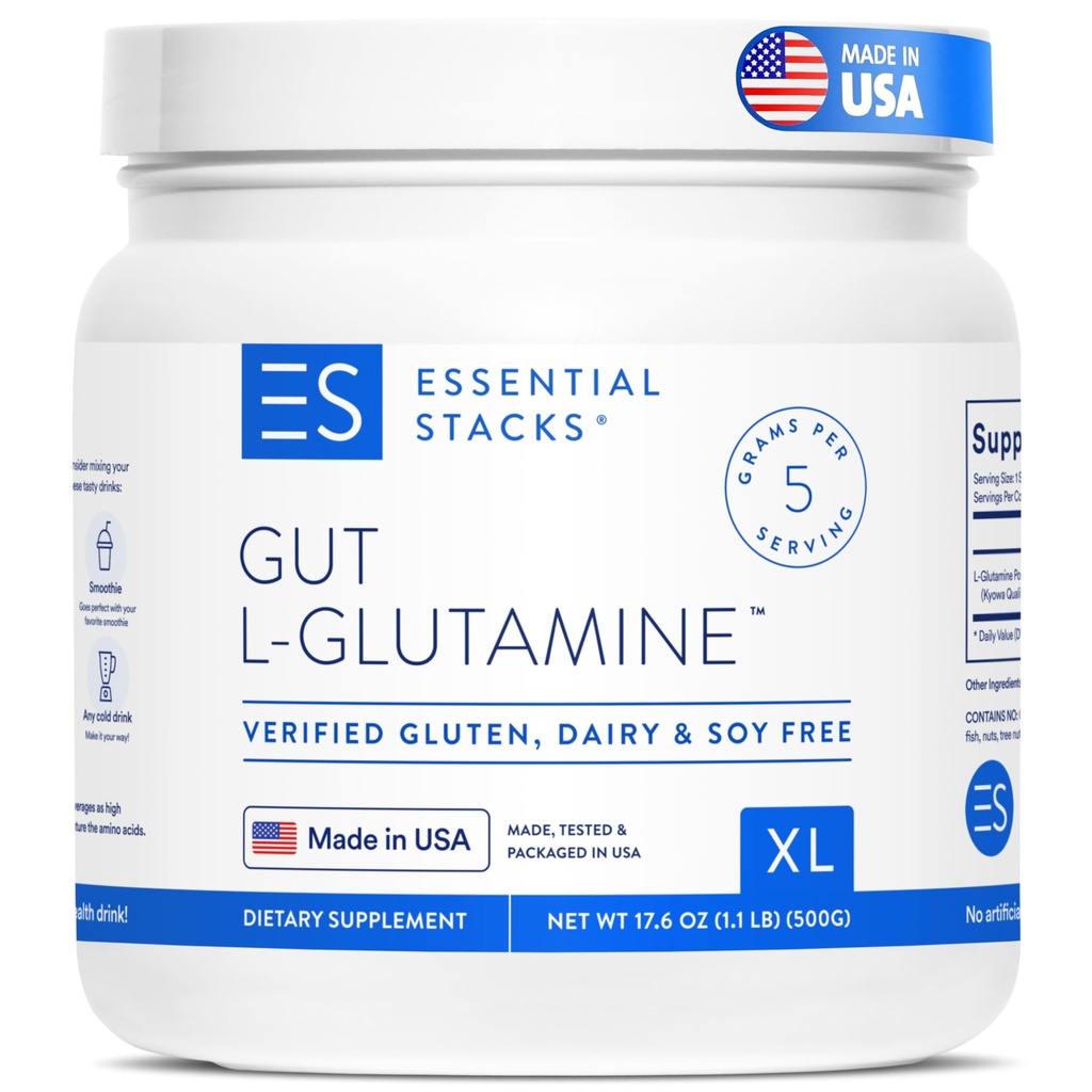 Základní zásobníky Gut L-glutamin prášek - Exkluzivně vyrobený v USA - čistý L glutamin prášek pro Gut zdraví (100 Služeb, Neochucené)