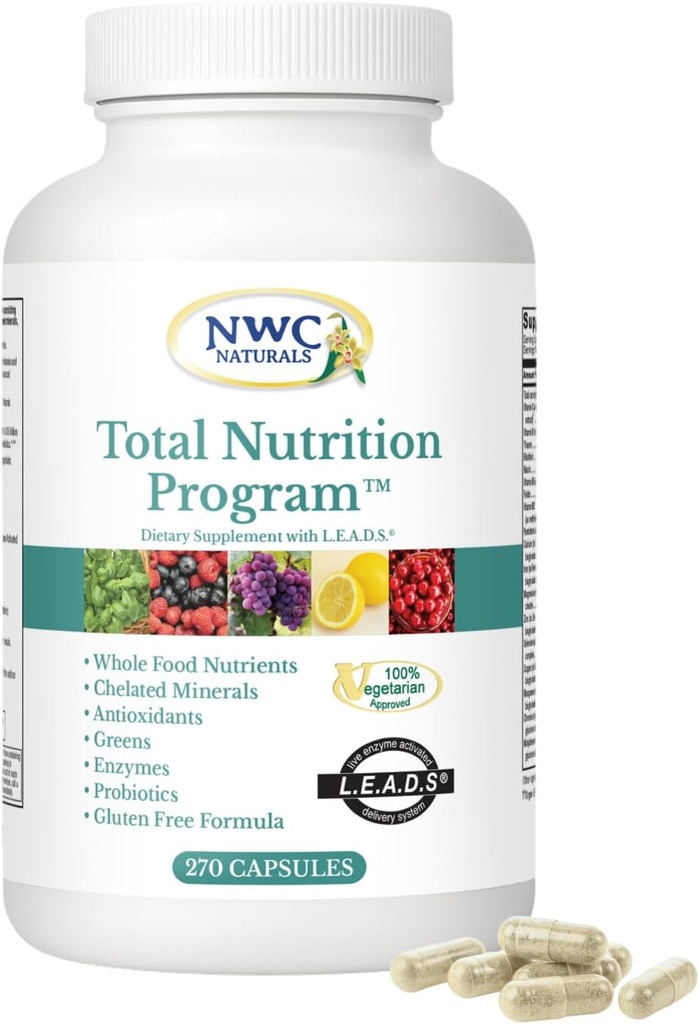 NWC Naturals Total- Nutrition Program Multivitamin s enzymy Plus Prebiotika a Probiotika Dodatek, Kompletní péče o muže a ženy, Vegetariánské přírodní celopotravinové vitamíny, 270 Kapsle