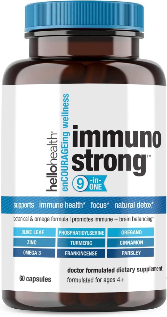 Denní doplněk imunitní podpory Imunostrong 10- in-1 Imunity Vitamíny s imunitním posilovačem Oregano, Olive Leaf, Soothing Antioxidant Omega 3, Kurkumin a zinek Vitamíny pro dospělé a děti -60 ct