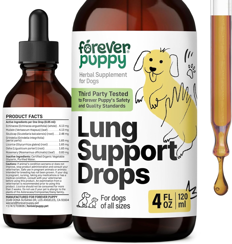 Navždy štěně Lung Support Kapky pro psy - Respirační zdravotní doplňky - Mullein Leaf & Echinacea Herb pro plíce - Tekutý pes Vitaminy a doplňky - Cukr & Alkoholicko-Volný tinktura - 4 fl oz