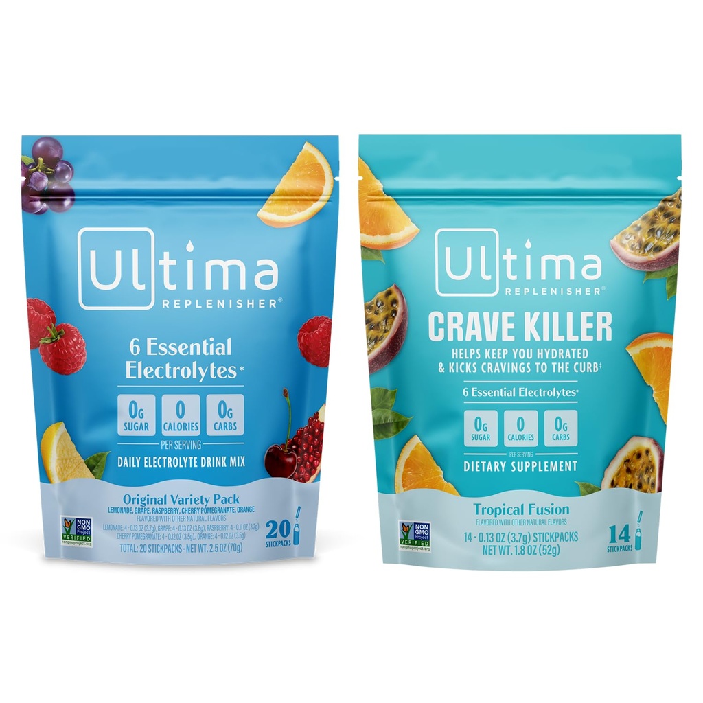 Ultima doplňovač Electrolyte Powder Drink Mix Bundle - Sugar Free - Variety, Crave Killer - 20 Stickpacks, 14 Stickpacks - 6 Electrolyty a minerály - Keto Friendly, Vegan, Non- GMO