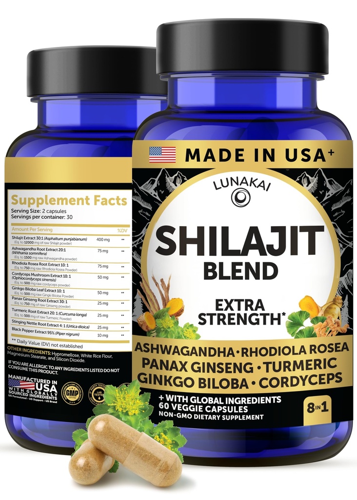 Lunakai USA Made Pure Shilajit Kapsle s Ashwagandha, Rhodiola & Cordyceps - Extra síla Shilajit Extract pro muže a ženy, 60ct
