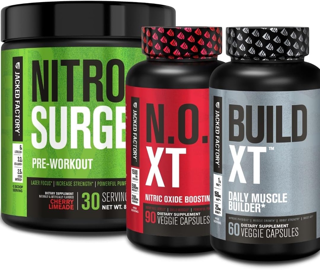 Jacked Factory Nitrofresh Pre Workout, N.O. XT Nitric Oxide dodatek & Build-XT Daily Muscle Builder Bundle