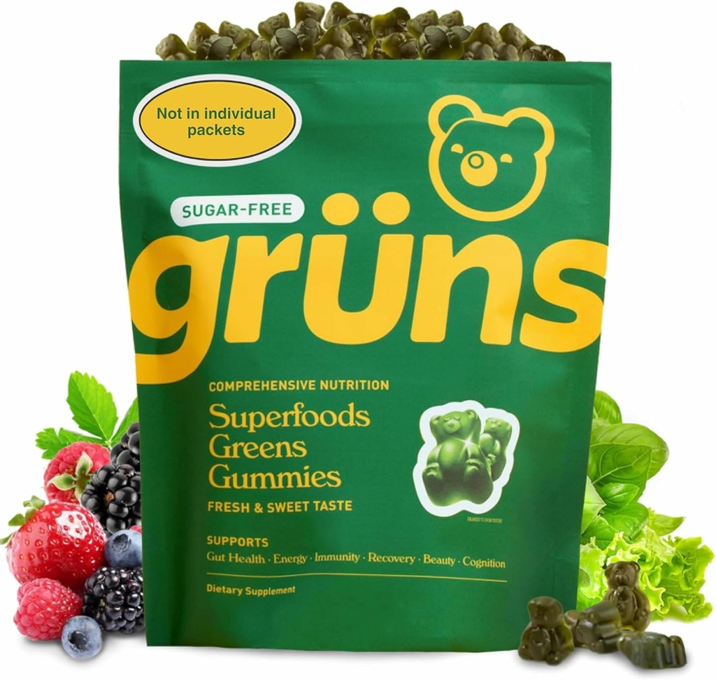 Gruny dospělé Sugar- Free Super Zelené Gummies - Superfood Gummy Medvědy s Spirulina, Chlorella, Fiber & Prebiotika pro stravovací zdraví, Adaptogen dodatek s 20 Vitamíny & Minerály, 2 Týden dodávky