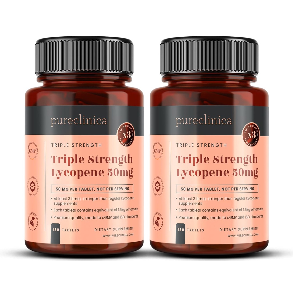 pureclinica Lycopene Supplement 50mg - Vysoce silný rajčatový extrakt Antioxidant - 360 tablet (1 rok dodávky) - Prostate Health, Heart, Eye & Skin Support - GMO zdarma