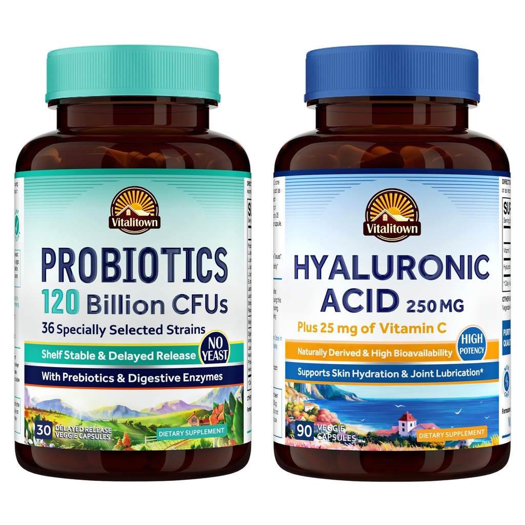Vitalitown Gut- Skin Bundle (Balení po 2) CUR 124; Probiotika 120 miliard CFU (bod 1) a hyaluronová kyselina (bod 2) CUR 124; 30 + 90 tobolek