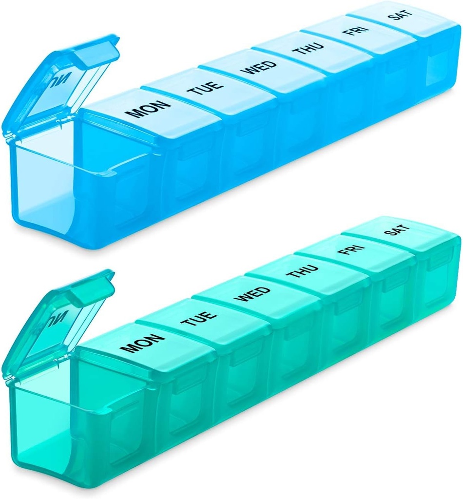 BUG HULL Týdenní pilulkový pořadatel velký 2 balení, Extra velké cestovní Pill pořadatelé, Pill Box 7 Day, Travel Pill Case, Medicine Pill Organizátor pro vitaminy, doplňky a léky (modrá + zelená)