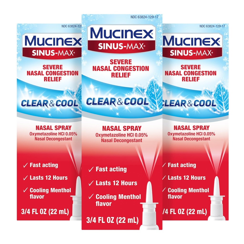 Mucinex Sinus- Max Nasal Spray Decongestant, 12 hodin Over- The- Counter Medication Nose Spray for Sinus Relief, Nasal Decongestants for Dospělí, Chladicí mentol, 0.75 Fl Oz (balení po 3)