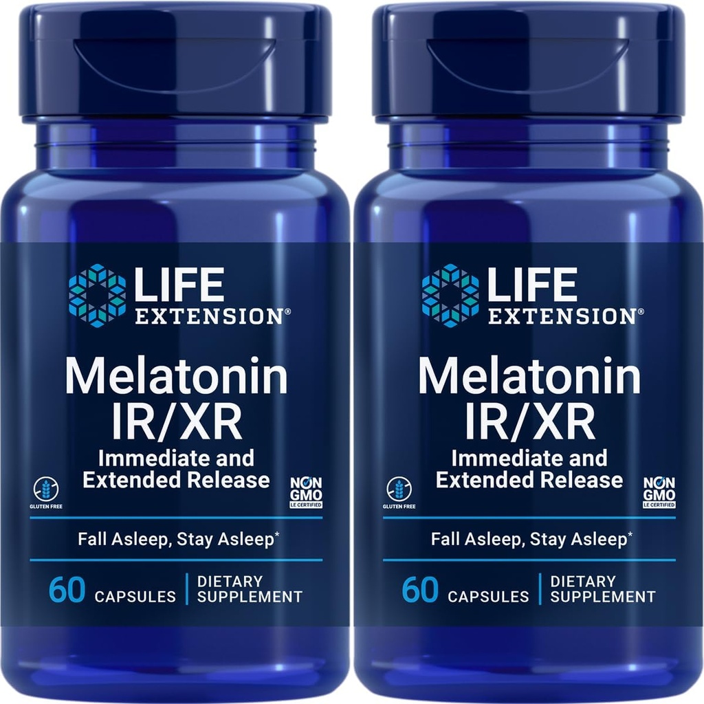 Life Extension Melatonin IR / XR, 1, 5 mg, immediate-and Extended-Release Formule pro optimální podporu spánku, Zdravé cirkadian Rhynms, Cellular Defense, Gluten- Free, Non- GMO, 2 X 60 Kapsle