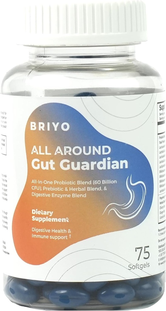Briyo Gut Guardian Gut Health Support - 60 miliard CFU Probiotika, Prebiotika, Digestive Enzymy, a Byliny pro potravu a imunitní zdraví - Zmírňuje zácpu, Průjem, plyn a floating