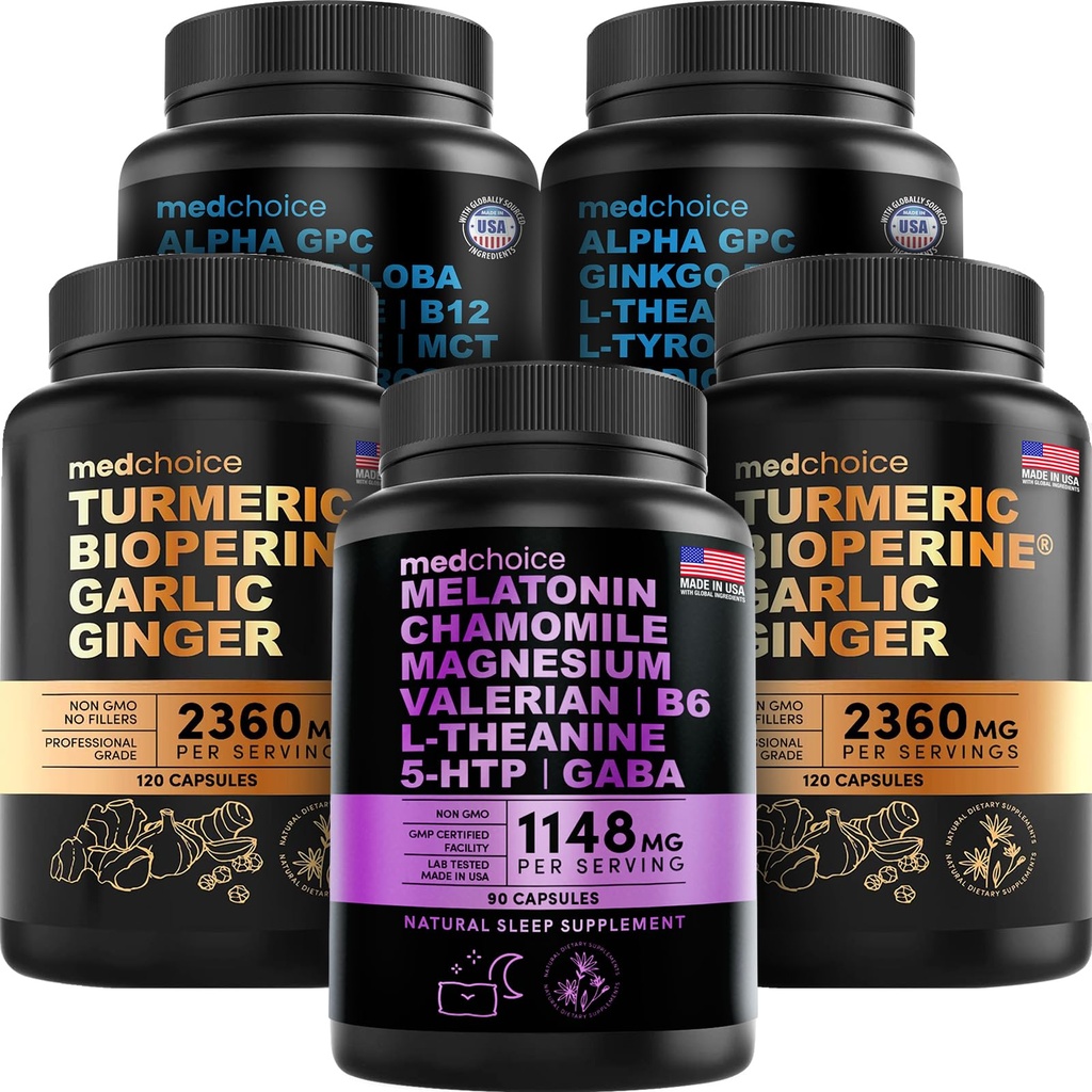 MEDCHOICE Sleep Melatonin (90ct), kurkuma a zázvor (240ct), a Nootropní Brain (120ct) Doplněk Bundle - Wellness Trio pro mozek, spánek, & imunitní podpora - Vegan, Non- GMO, gluten- zdarma