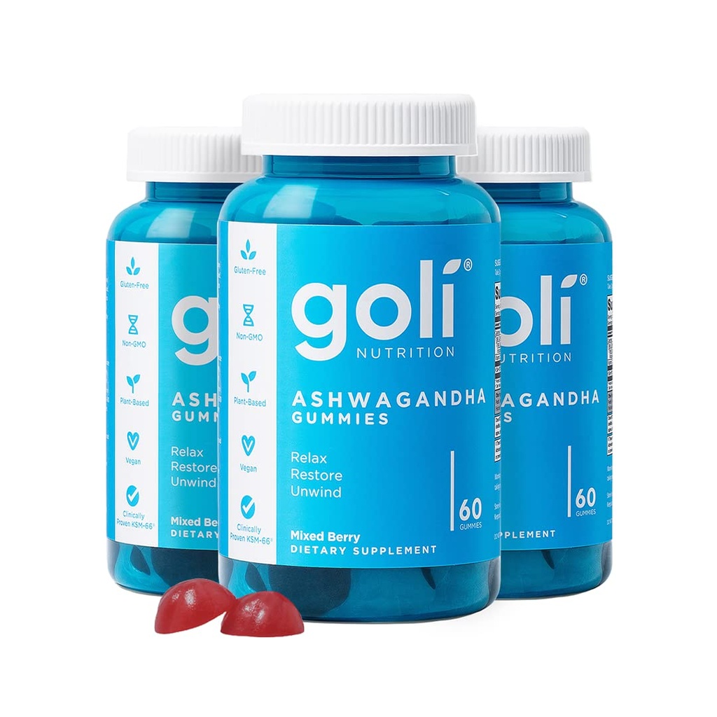 Goli Ashwagandha & Vitamin D Gummy - 180 Počet - Smíšené Berry, KSM-66, Vegan, Plant based, Non- GMO, gluten- Free & Gelatin Free Relax. Obnovit. Uvolnit, balení po 3