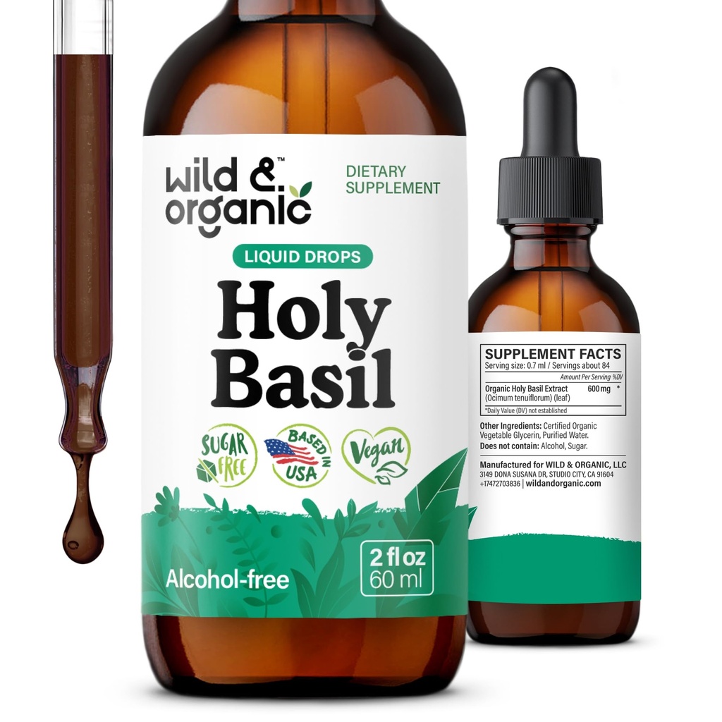 Wild & Organic Holy Basil Leaf Tincture - Relaxace, Calmness, Mood Support - Tulsi Holy Basil Dodatek - Vegan, Cukr & Alcohol- Free Herb Extract Drops - 2 fl oz