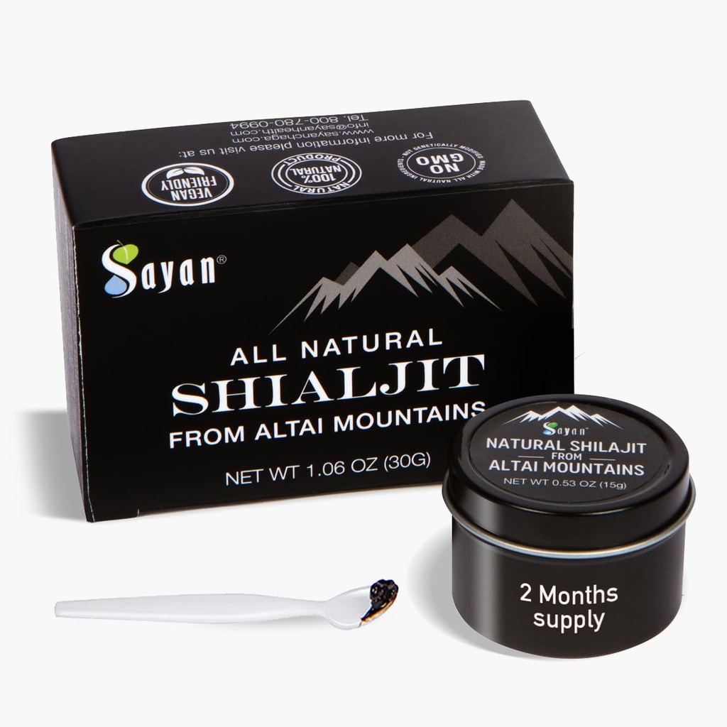 Sayan Pure Authentic Altai Shilajit Resin - 15 Grams, 2 Month Supply - Vysoká účinnost Organic Fulvic Acid Dodatek pro ženy a muže na podporu imunitního systému, Energie, & Detox - Vegan, Non- GMO