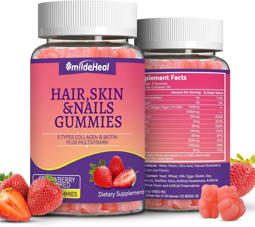 2 Pack vlasy kůže a hřebíky Gummies s biotin kolagen vitamíny pro ženy - Podpora zdravé vlasy, kůže a nehty - 120 Počet