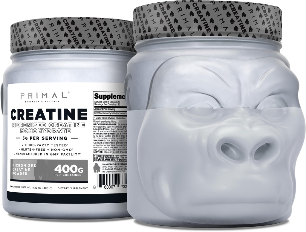 Primal Creatin Monohydrát Prášek (400 Grams) 124; Neochucené Micronized Creatin Muscle Development Dodatek pro Pre- Workout & Recovery 124; 5g Creatine Monohydrát per Serving