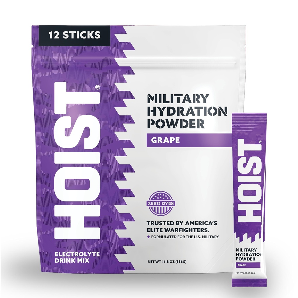 HOIST Electrolyte Drink Mix Powder Sticks - Rychlá rehydratace, Vojenská hydratační formule - Grape (12 Single-Serve Packs)