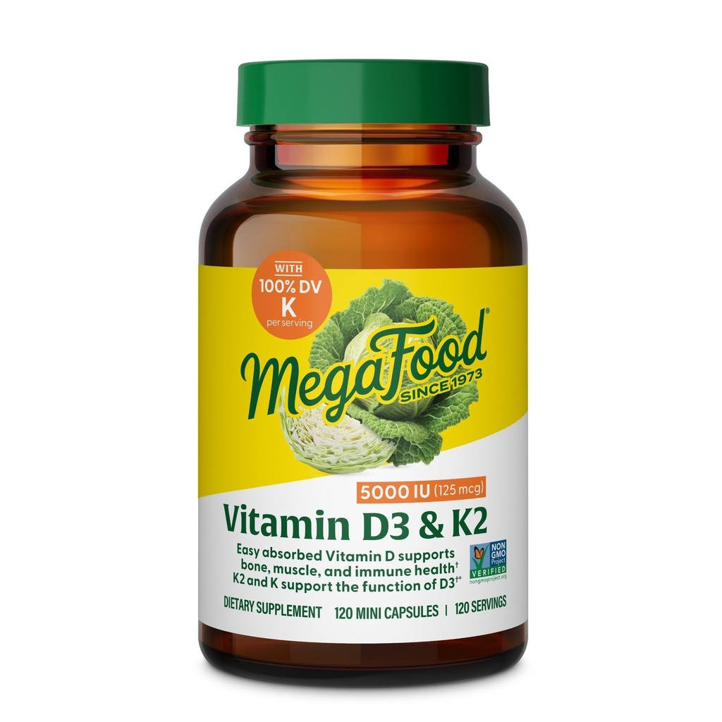 MegaFood Vitamin D3 5000 IU (125 mcg) - Vegetariánské doplňky s vitamínem D3 K2 - Podporuje kosti, zuby, svaly a imunitní zdraví - Certified Non- GMO - 120 Mini kapsle, 120 Služební