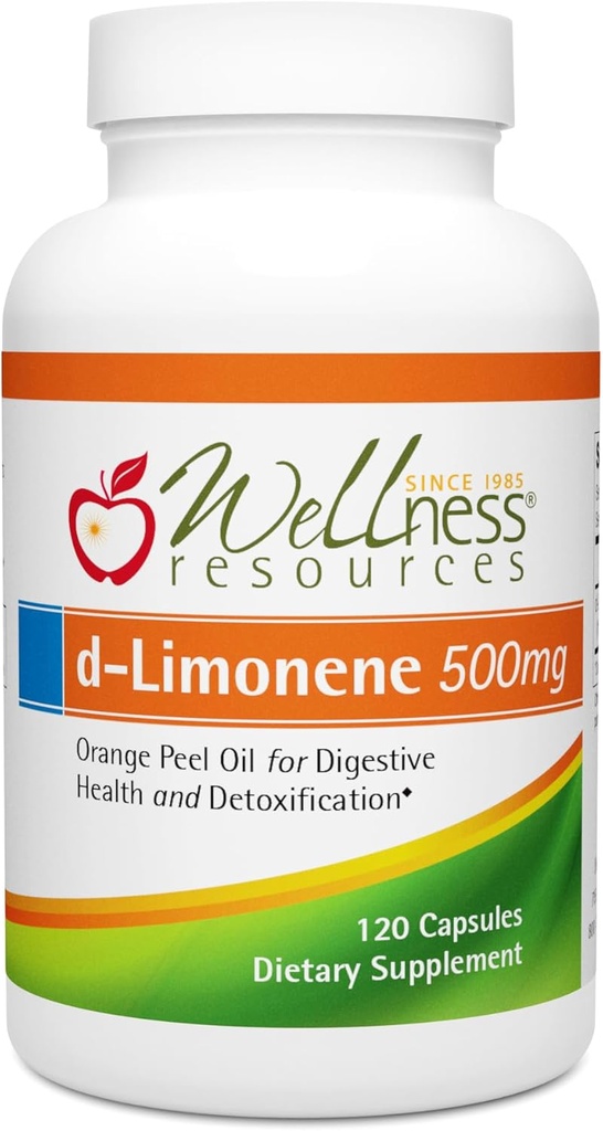 Wellness Resources High Potency d- Limonene Kapsle 500mg, 120 Kapsle - Orange Peel Extract for Digestive Health, Heartburn, Acid Reflux, Detoxifikace