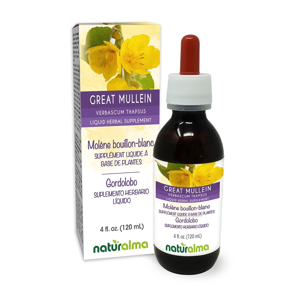 Naturalma Great Mullein nebo Common Mullein (Verbascum thapsus) Flower and Leaf Alcohol- Free Tincture - 4 fl oz Liquid Extract in Drops - Bylinný dodatek - Vegan