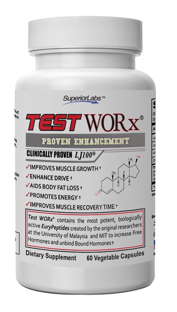 Superior Labs Test Worx Natural Testosteron Booster Dodatek s klinicky osvědčené LJ100 a 8 Ostatní výkonné ingredience - Pozoruhodné zvýšení energie, Stamina, zotavení, spánek a nálada