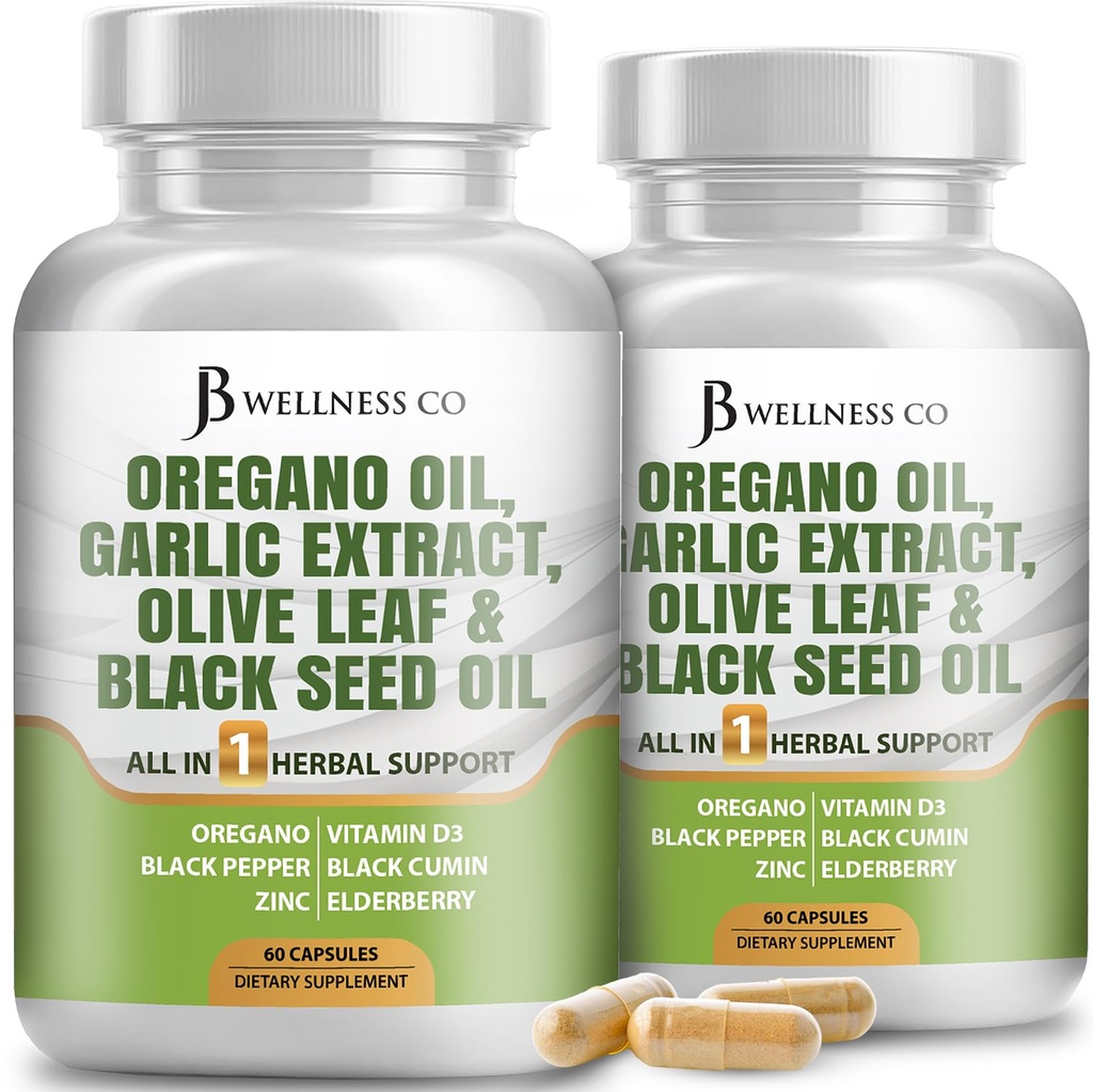 JB Wellness Oregano Oil, Česnek Extrakt, Olive Leaf, s Astragalus - Imunitní podpora a dietní doplněk zdraví pro ženy a muže - 120 Počet