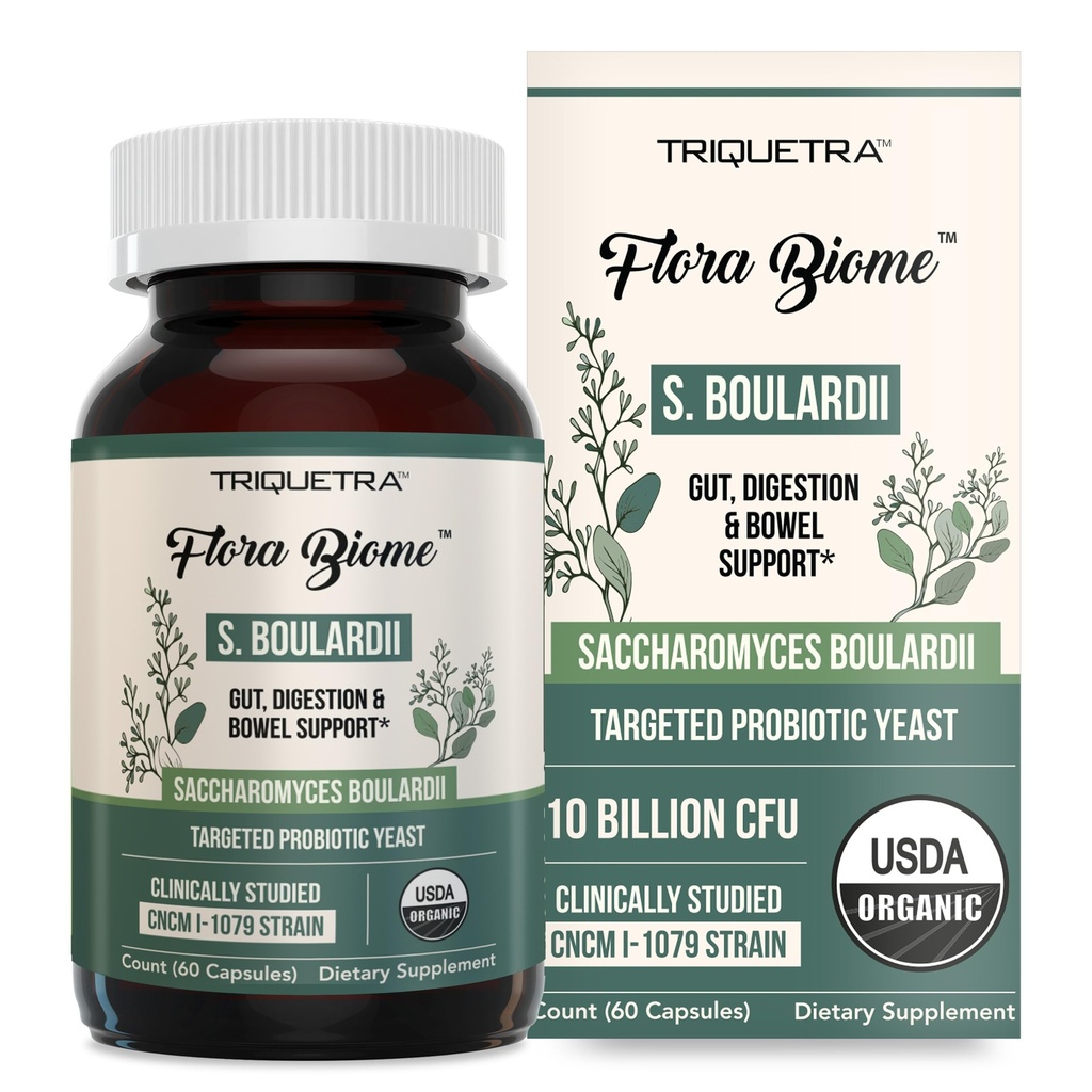 Organic Saccharomyces Boulardi - 10 miliard CFU - Klinicky validovaný CNCM I-1079 Probiotický kmen - Gut, Digestion & Health Bowel Support - First Organic Form of S. Boulardi Probiotic - 60 Count