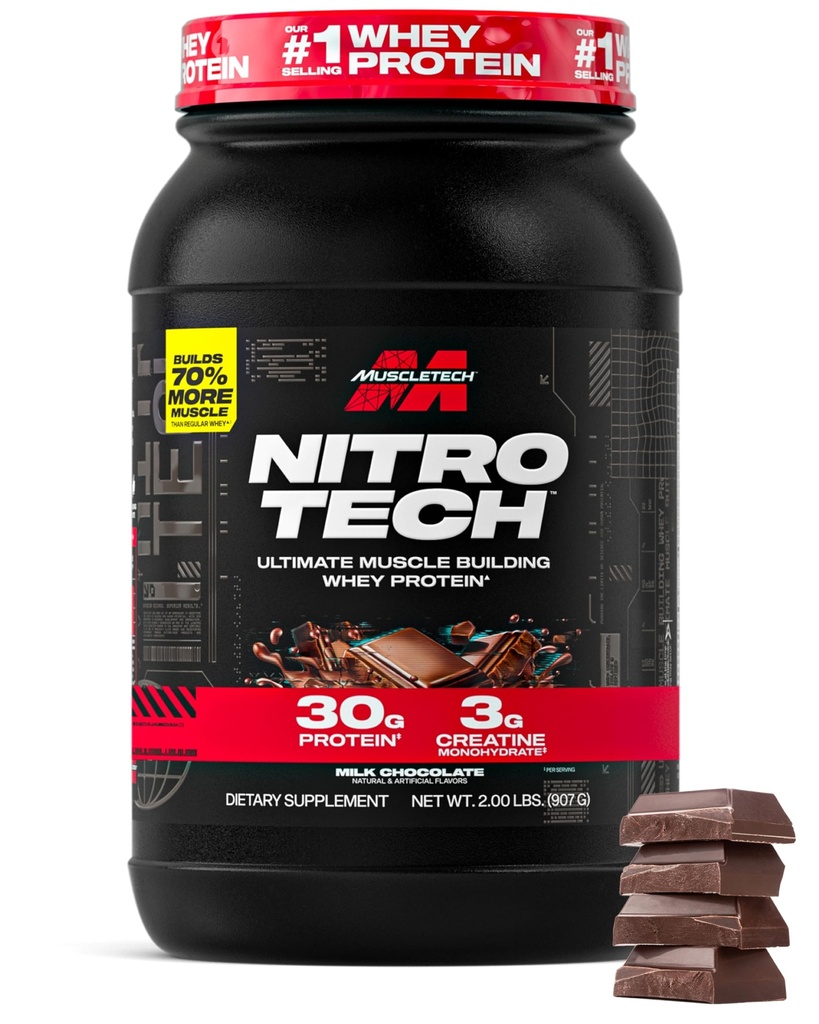 Muscletech Whey Protein Powder (Mléčná čokoláda, 2 libry) - Nitro- Tech Ultimate Muscle Building Formule with Syley Protein Isolate - 30g proteinu, 3g Creatine & 6.8g BCAA - Balení May Vars