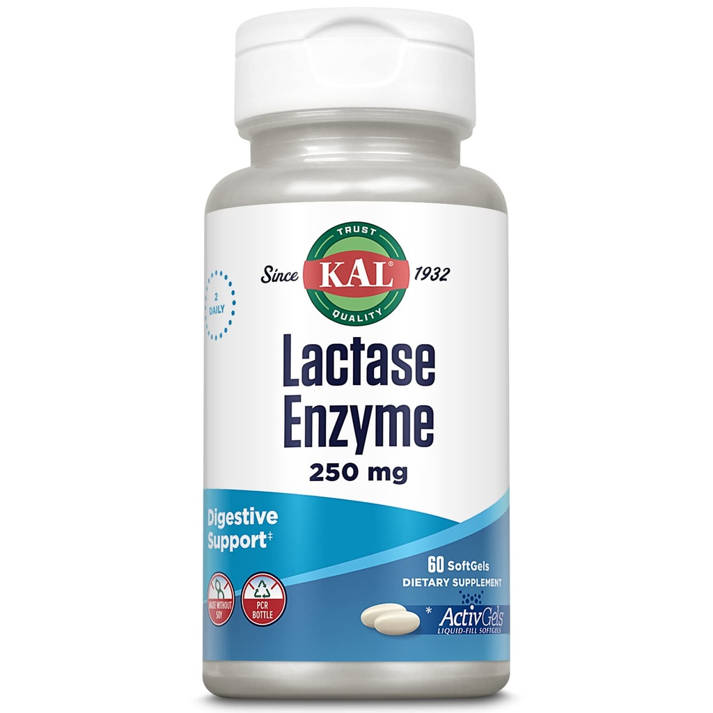 Kal Laktáza Enzyme 250 mg, Zdravá potrava Podpora pro intoleranci laktózy, Liquid- Filled Activigels Made Without Soy, 250 FCC jednotek, 30 Servings, 60 SoftGels