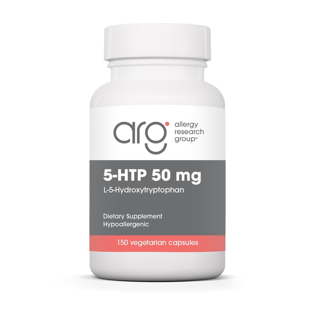 Alergie Research Group 5-HTP 50mg Dodatek - Serotonin pro muže a ženy, Podpora spánku, L-5-Hydroxytryptofan, Čisté, Vegetariánské Kapsle - 150 Počet