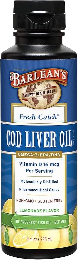 Barlean je Cod jaterní olej tekutý dodatek, Omega 3 Rybí olej s 900mg EPA a DHA Plus vitamin D, doplňky pro kloub, mozek, a srdeční podporu, Lemonade Flavor, 8 oz