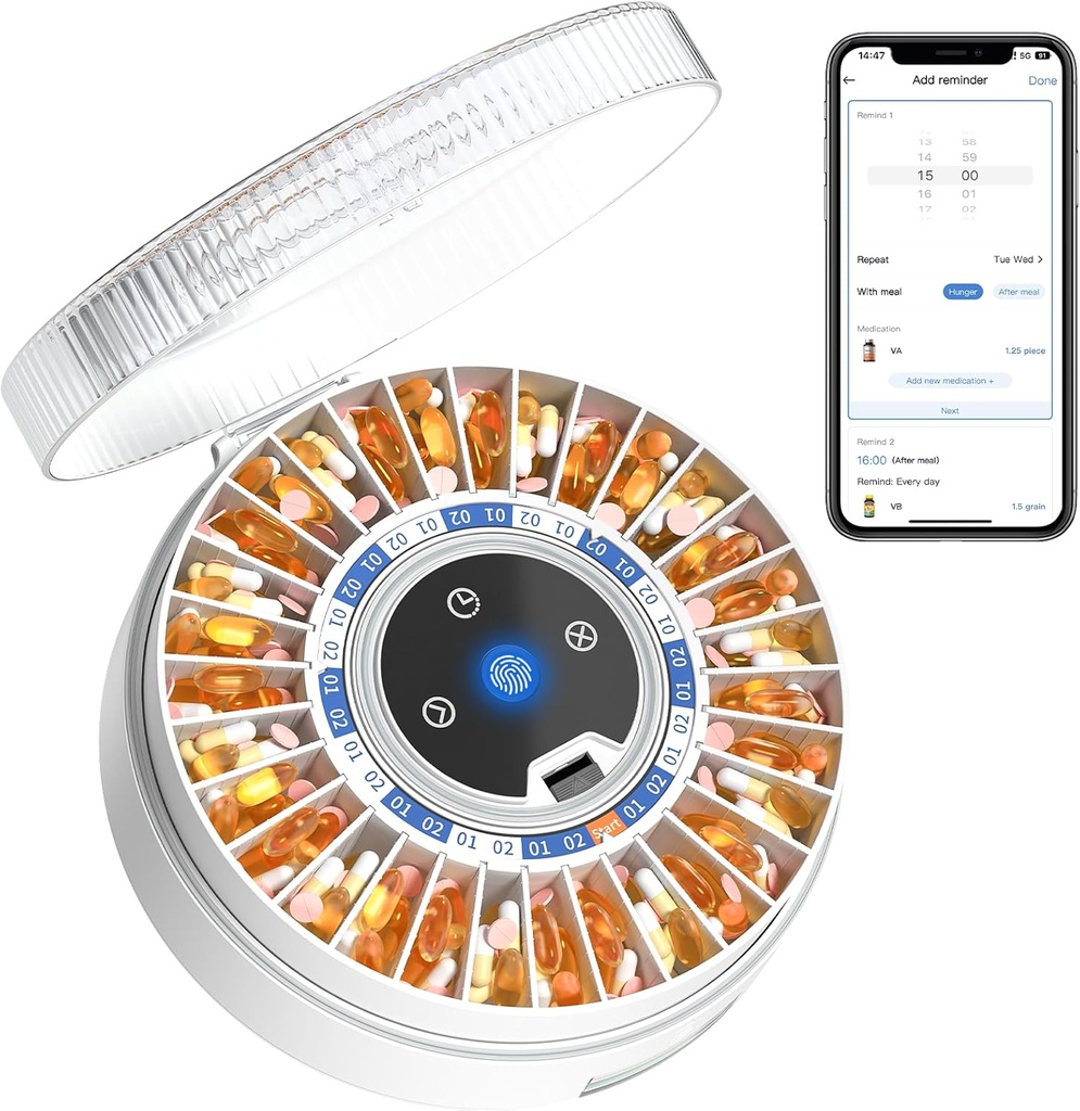 Zoksi Premium 31-Slot Automatický dávkovač s otiskem prstu a klíčem Lock, Chytrý medikační organizátor s Alarmem & Light, Elektronický Pořadatel pilulek pro seniory a zapomenutost