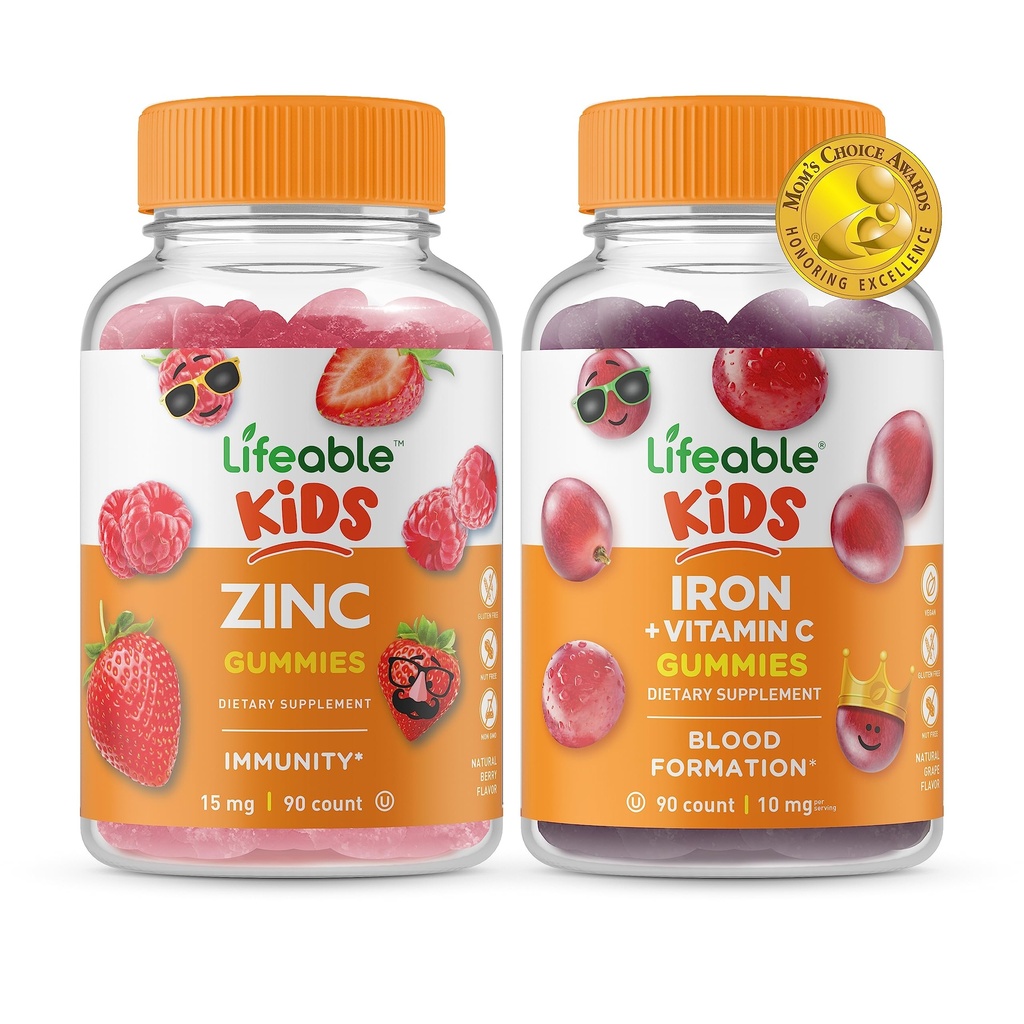 Živé zinek děti + Železo a vitamín C děti, Gummies Bundle - Velký přípitek, doplněk vitamínu, gluten zdarma, GMO zdarma, Žvýkací žlab