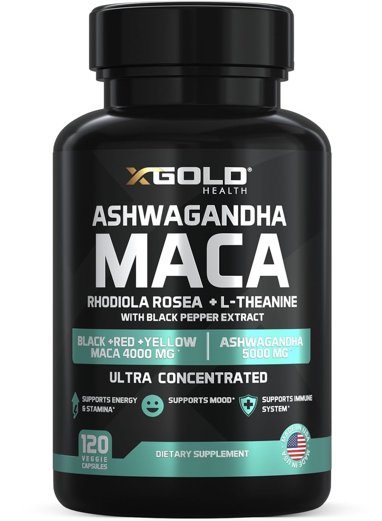 Ashwagandha 5,000mg + Maca Root Black, červená, žlutá 4,000mg, Rhodiola & L-Theanine: 30: 1 Extract Ashwagandha Kapsle, 20: 1 Extract Maca Root Kapsle - Dodatek pro muže a ženy