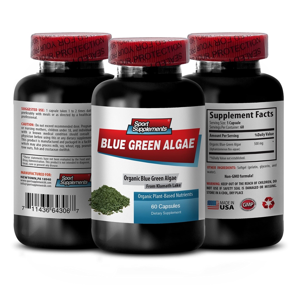 Čistý bylinný dodatek - Klamath Blue Green Algae 500mg - Zvýšení energetické hladiny, zlepšení trávení a zlepšení imunitního systému, spirulina, chlorella, Klamath Blue Green Algae Powder - 1B 60 Kapsle