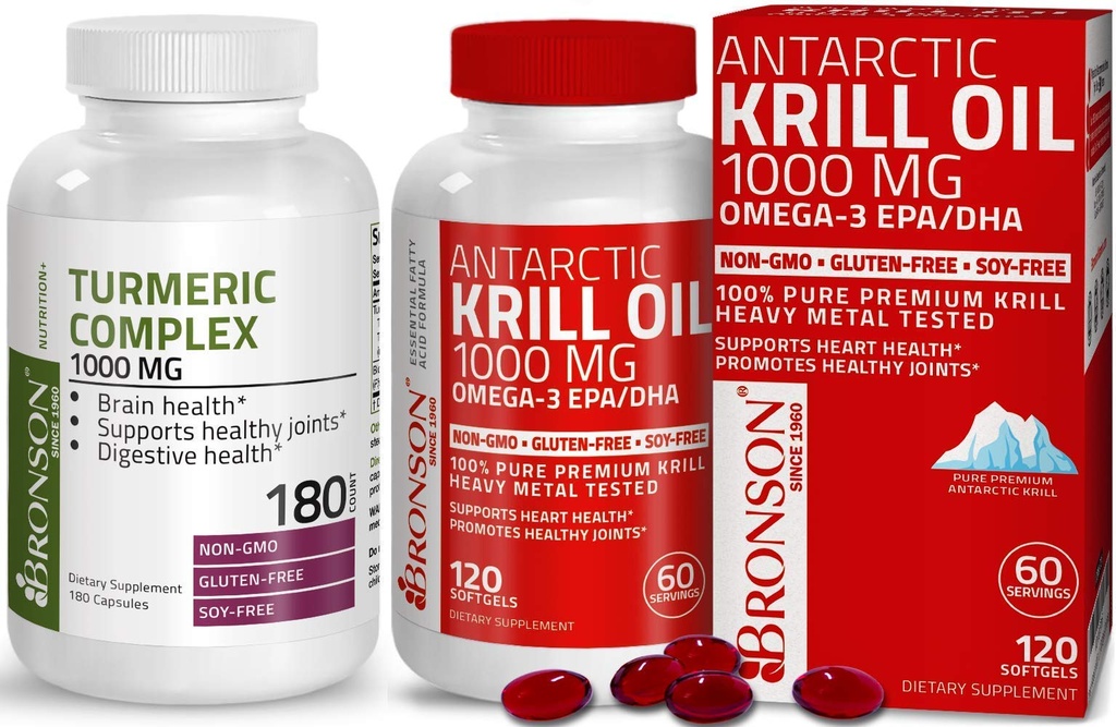 Bronson Turmeric Curcumin s BioPerine High Potency Premium Joint Support + Bronson Antarktida Krill Oil 1000 mg s Omega-3s EPA, DHA